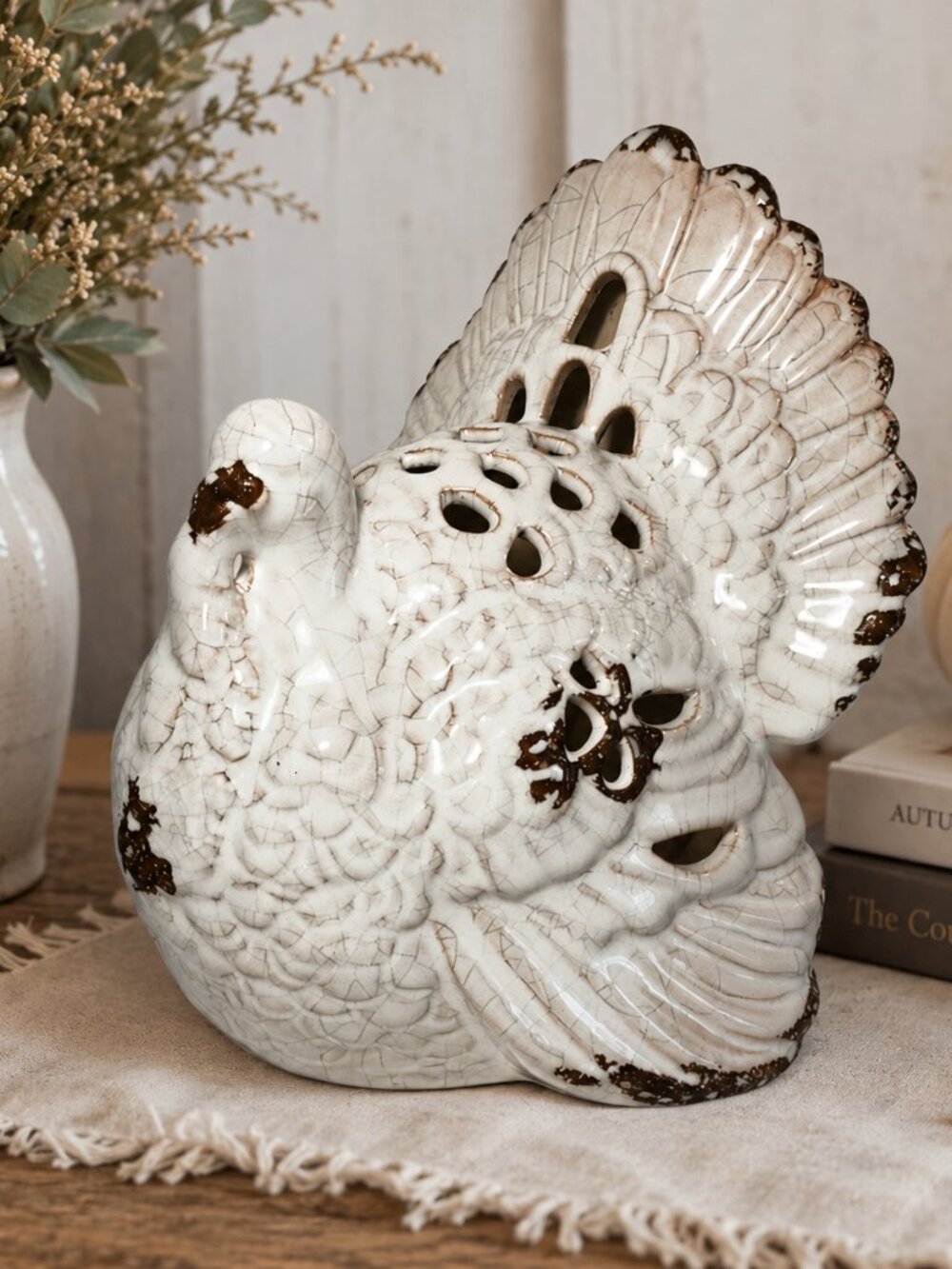 White Crackle Glaze Ceramic Turkey Figurine Big Lots Thanksgiving Fall Decor 7.5